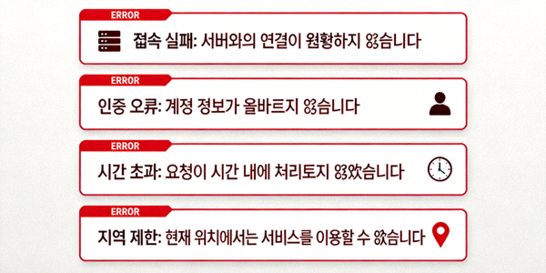 188BET 접속 시 발생하는 일반적인 오류 메시지 유형 예시 이미지