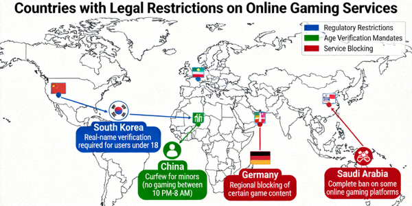 온라인 게임 서비스에 대한 법적 제한이 있을 수 있는 국가들을 표시한 안내 이미지